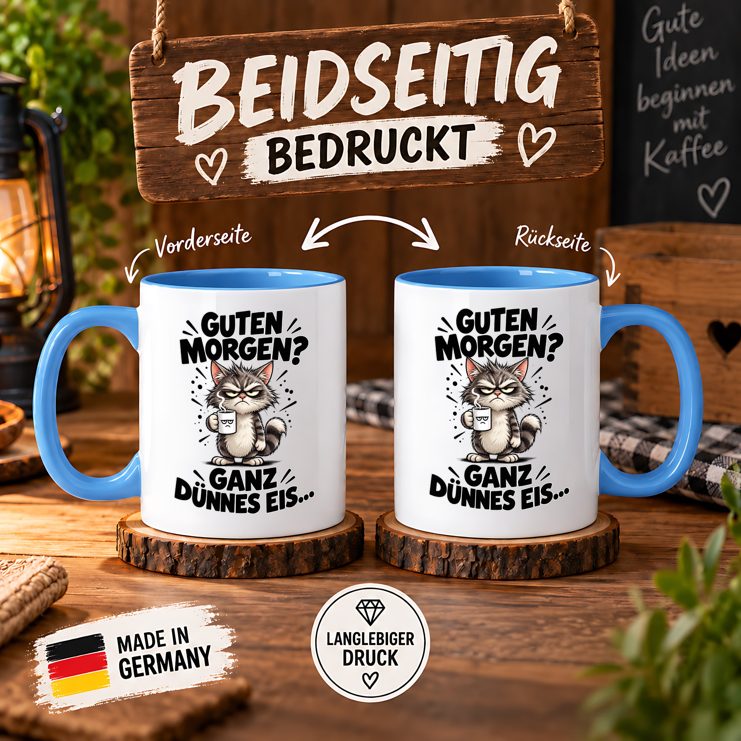 Tasse Guten Morgen Ganz dünnes Eis lustiger Katzen Spruch Morgenmuffel Geschenk Büro Kollegen Geburtstag 330 ml