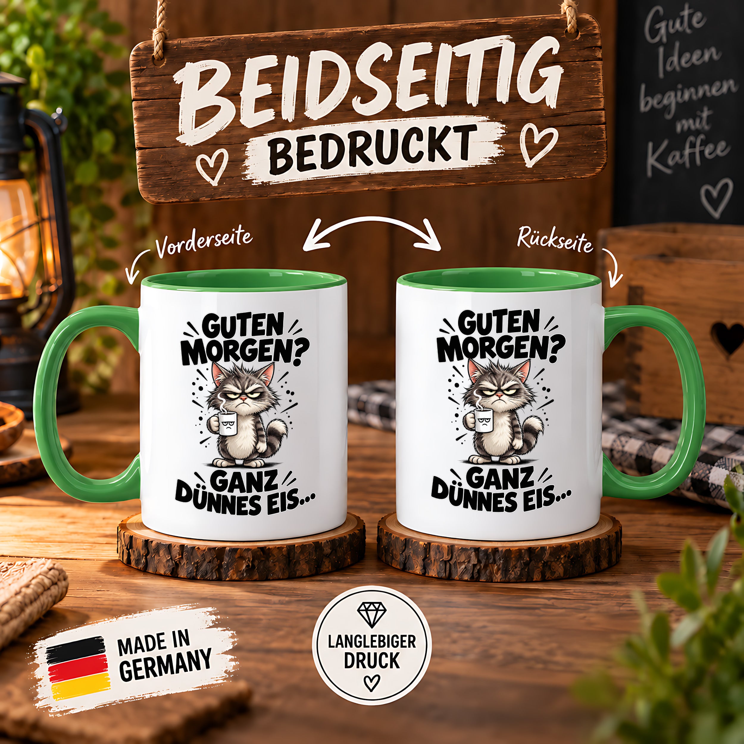 Tasse Guten Morgen Ganz dünnes Eis lustiger Katzen Spruch Morgenmuffel Geschenk Büro Kollegen Geburtstag 330 ml