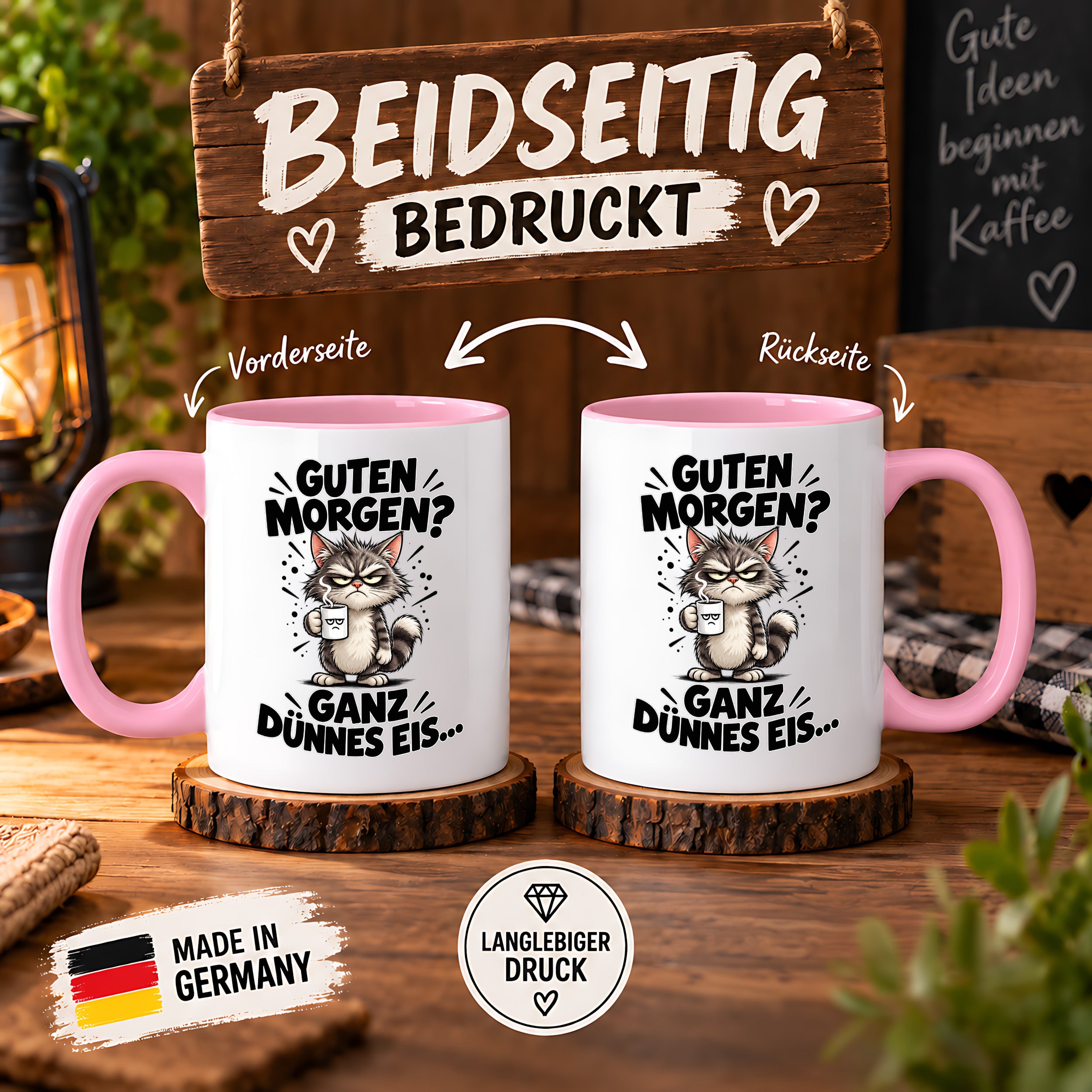 Tasse Guten Morgen Ganz dünnes Eis lustiger Katzen Spruch Morgenmuffel Geschenk Büro Kollegen Geburtstag 330 ml