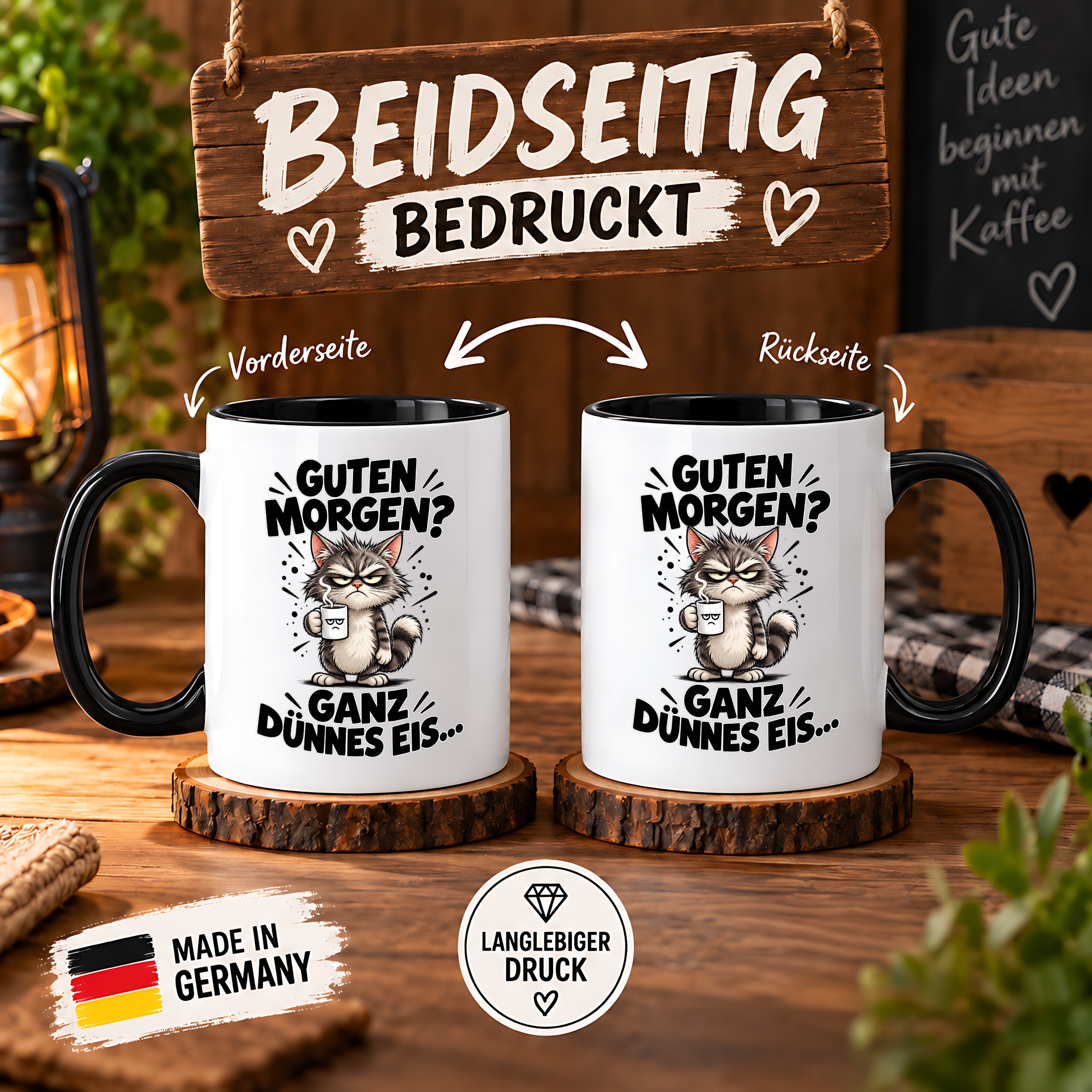 Tasse Guten Morgen Ganz dünnes Eis lustiger Katzen Spruch Morgenmuffel Geschenk Büro Kollegen Geburtstag 330 ml