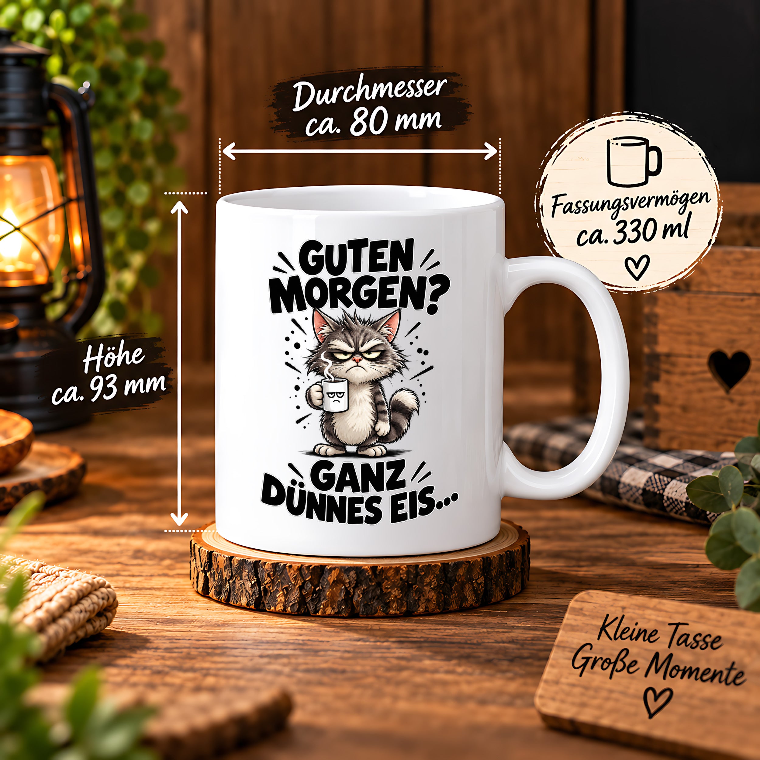 Tasse Guten Morgen Ganz dünnes Eis lustiger Katzen Spruch Morgenmuffel Geschenk Büro Kollegen Geburtstag 330 ml