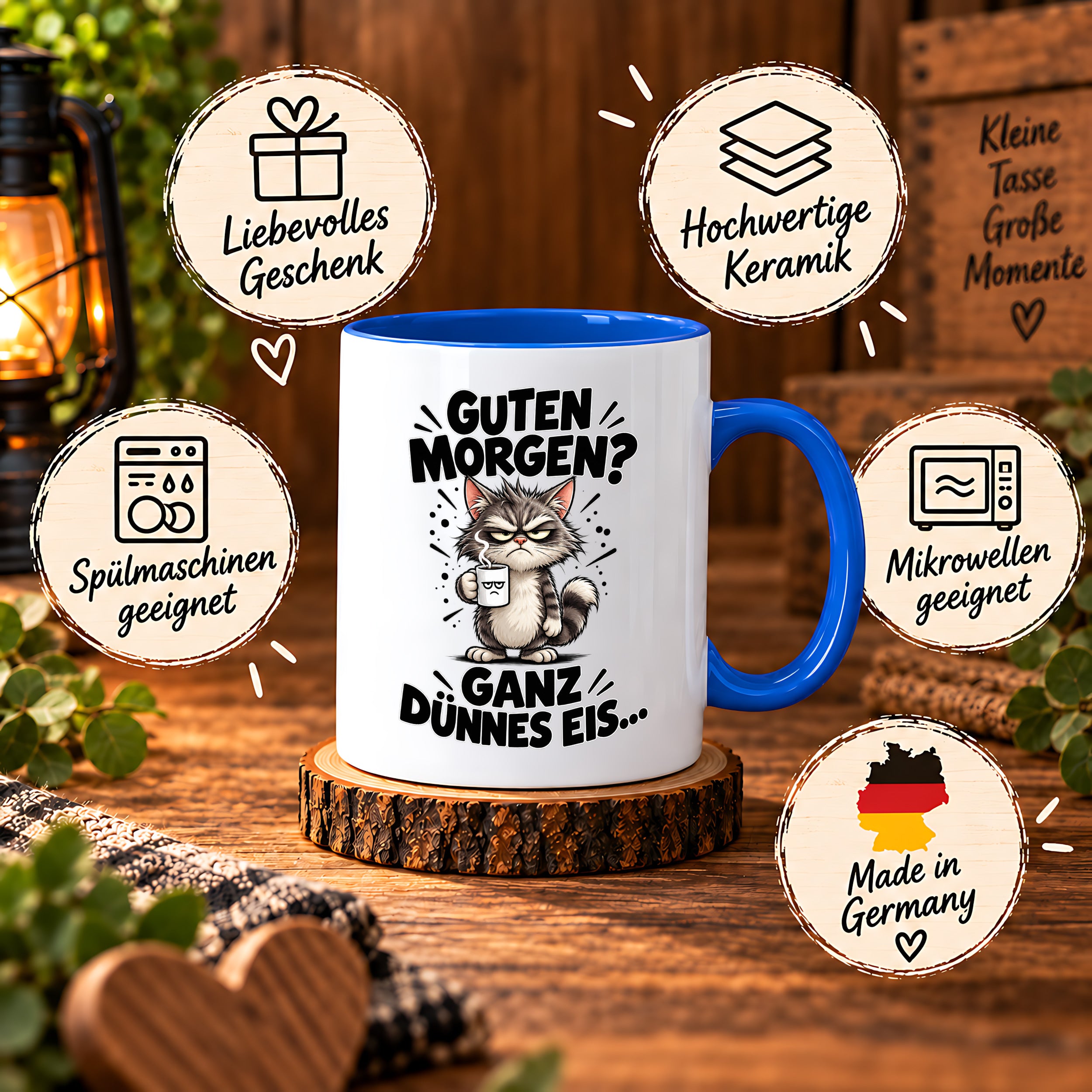 Tasse Guten Morgen Ganz dünnes Eis lustiger Katzen Spruch Morgenmuffel Geschenk Büro Kollegen Geburtstag 330 ml