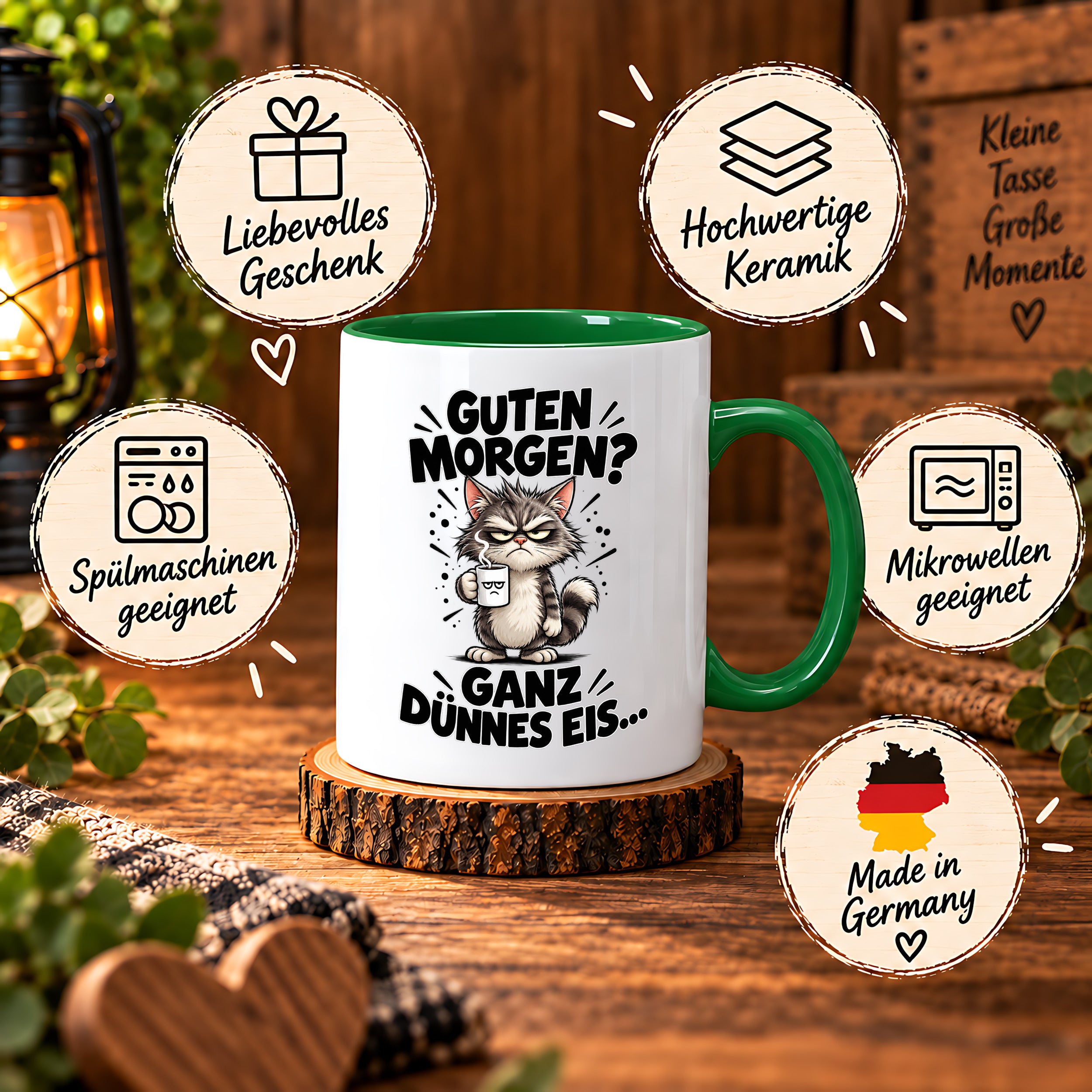 Tasse Guten Morgen Ganz dünnes Eis lustiger Katzen Spruch Morgenmuffel Geschenk Büro Kollegen Geburtstag 330 ml