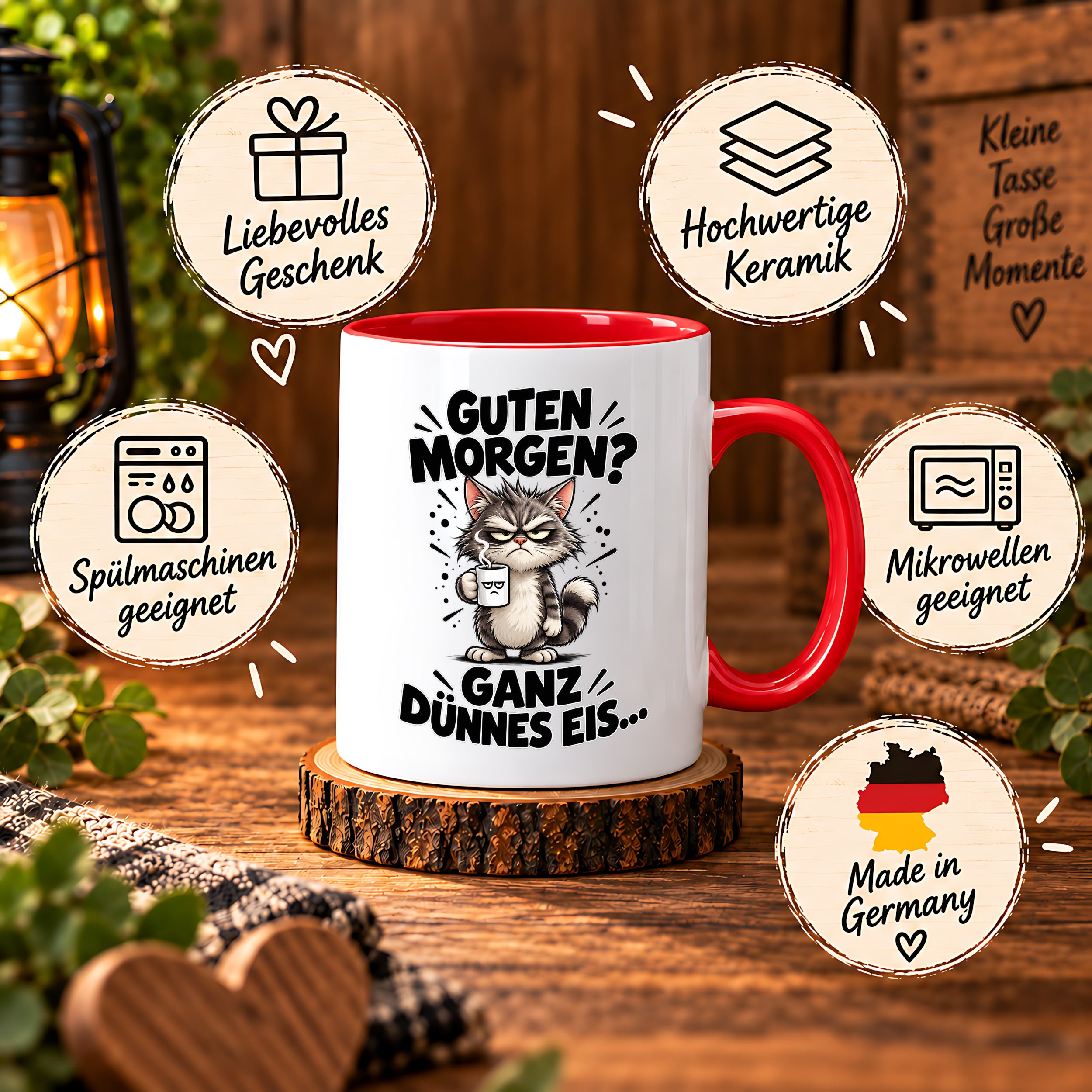 Tasse Guten Morgen Ganz dünnes Eis lustiger Katzen Spruch Morgenmuffel Geschenk Büro Kollegen Geburtstag 330 ml