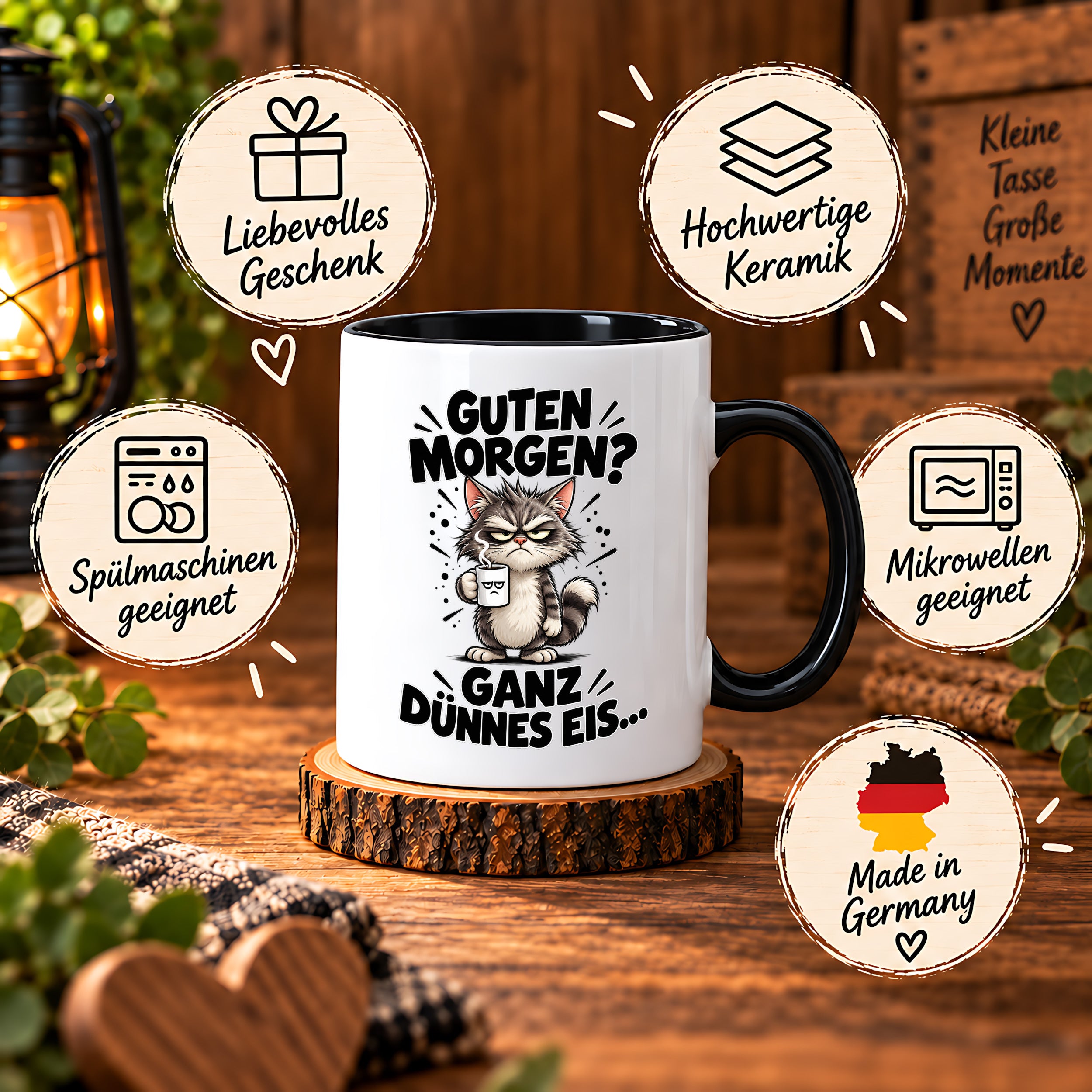 Tasse Guten Morgen Ganz dünnes Eis lustiger Katzen Spruch Morgenmuffel Geschenk Büro Kollegen Geburtstag 330 ml