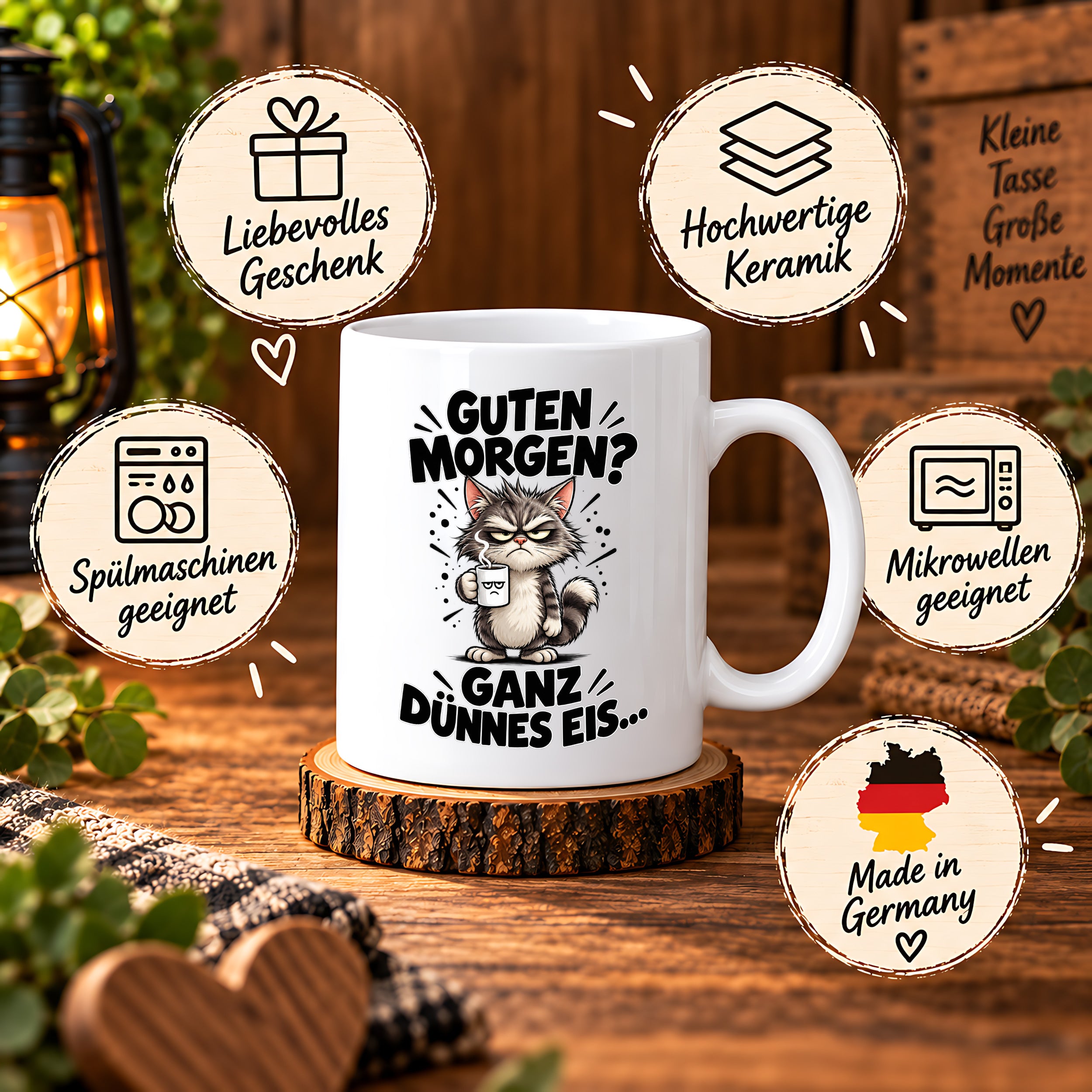 Tasse Guten Morgen Ganz dünnes Eis lustiger Katzen Spruch Morgenmuffel Geschenk Büro Kollegen Geburtstag 330 ml
