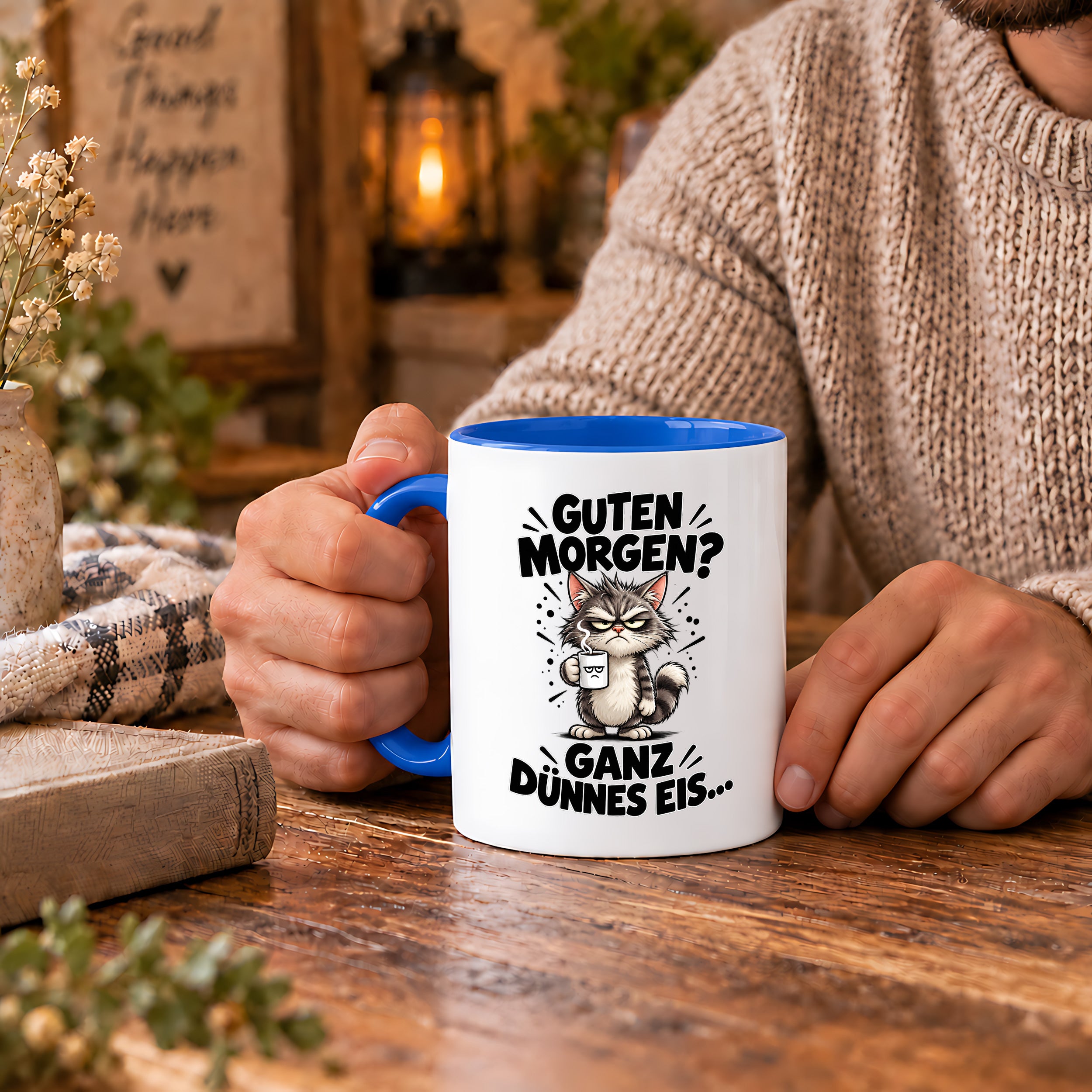 Tasse Guten Morgen Ganz dünnes Eis lustiger Katzen Spruch Morgenmuffel Geschenk Büro Kollegen Geburtstag 330 ml