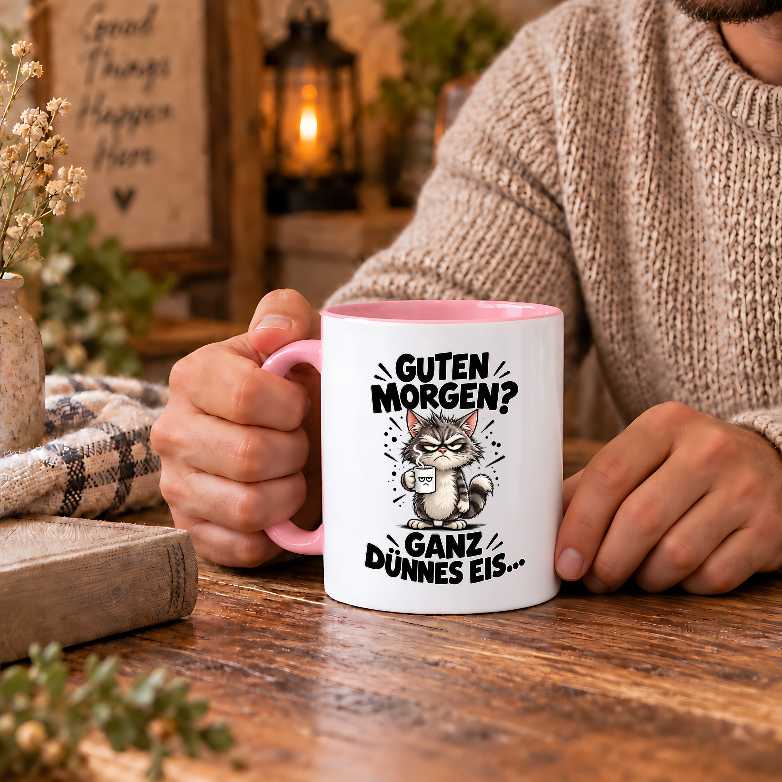 Tasse Guten Morgen Ganz dünnes Eis lustiger Katzen Spruch Morgenmuffel Geschenk Büro Kollegen Geburtstag 330 ml
