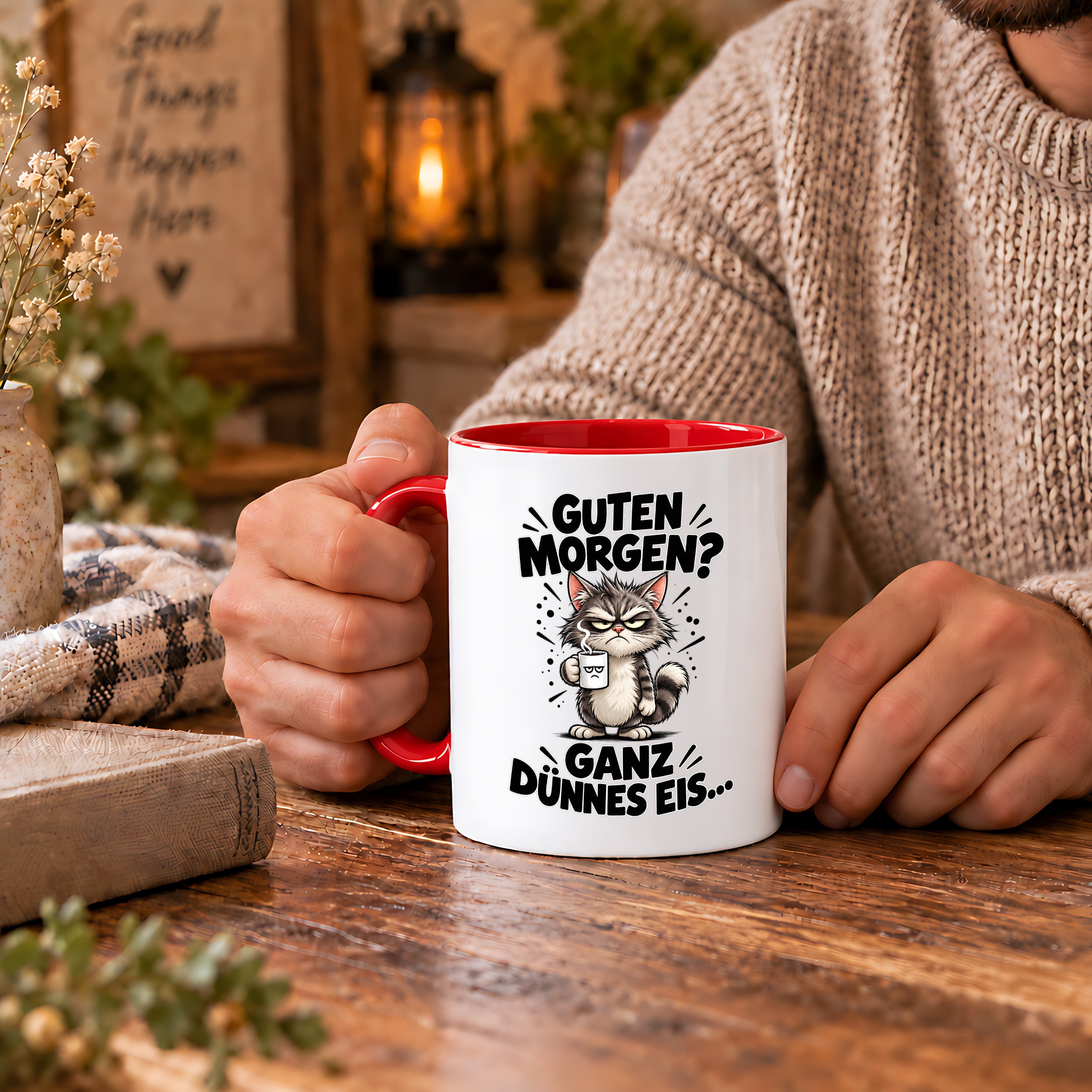 Tasse Guten Morgen Ganz dünnes Eis lustiger Katzen Spruch Morgenmuffel Geschenk Büro Kollegen Geburtstag 330 ml