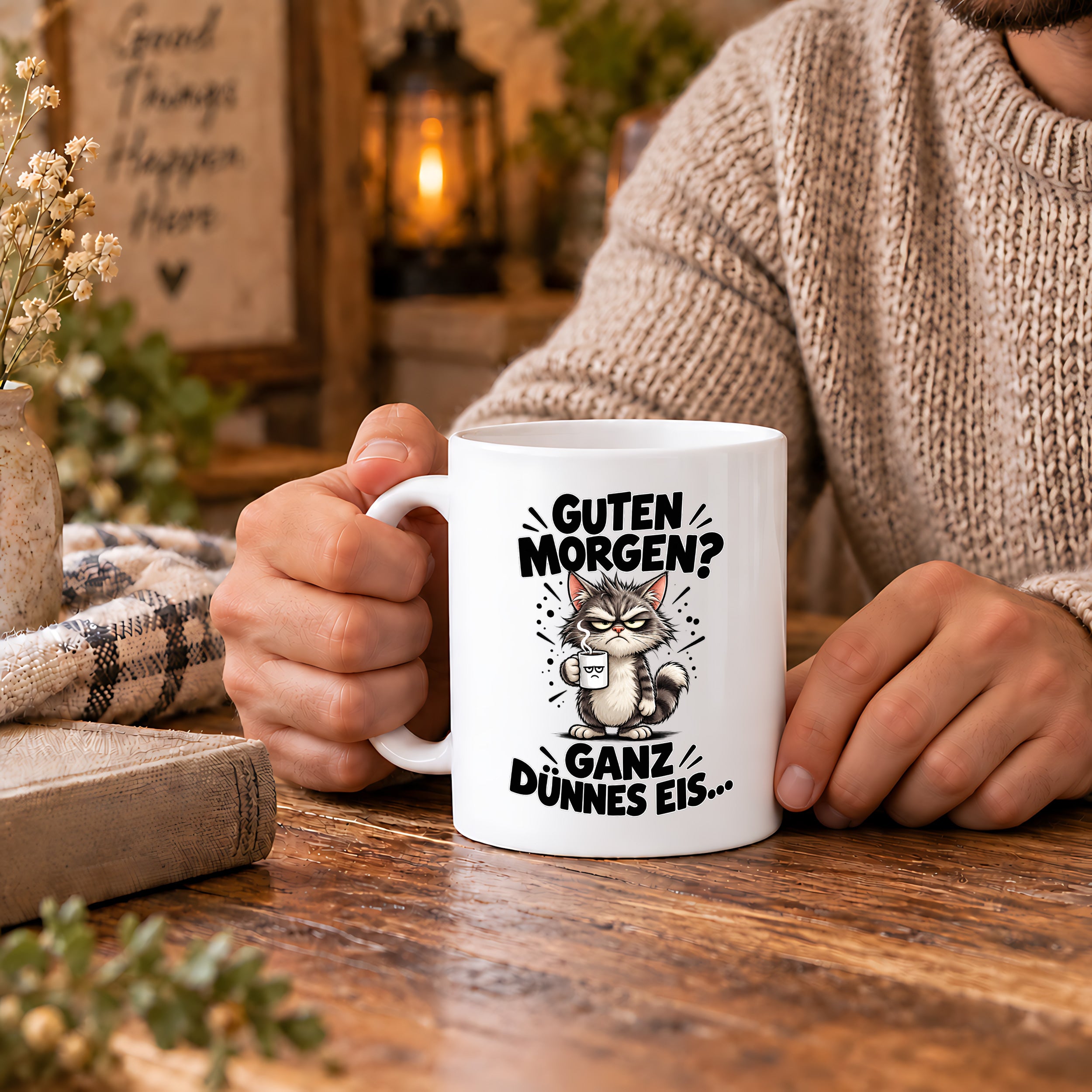 Tasse Guten Morgen Ganz dünnes Eis lustiger Katzen Spruch Morgenmuffel Geschenk Büro Kollegen Geburtstag 330 ml
