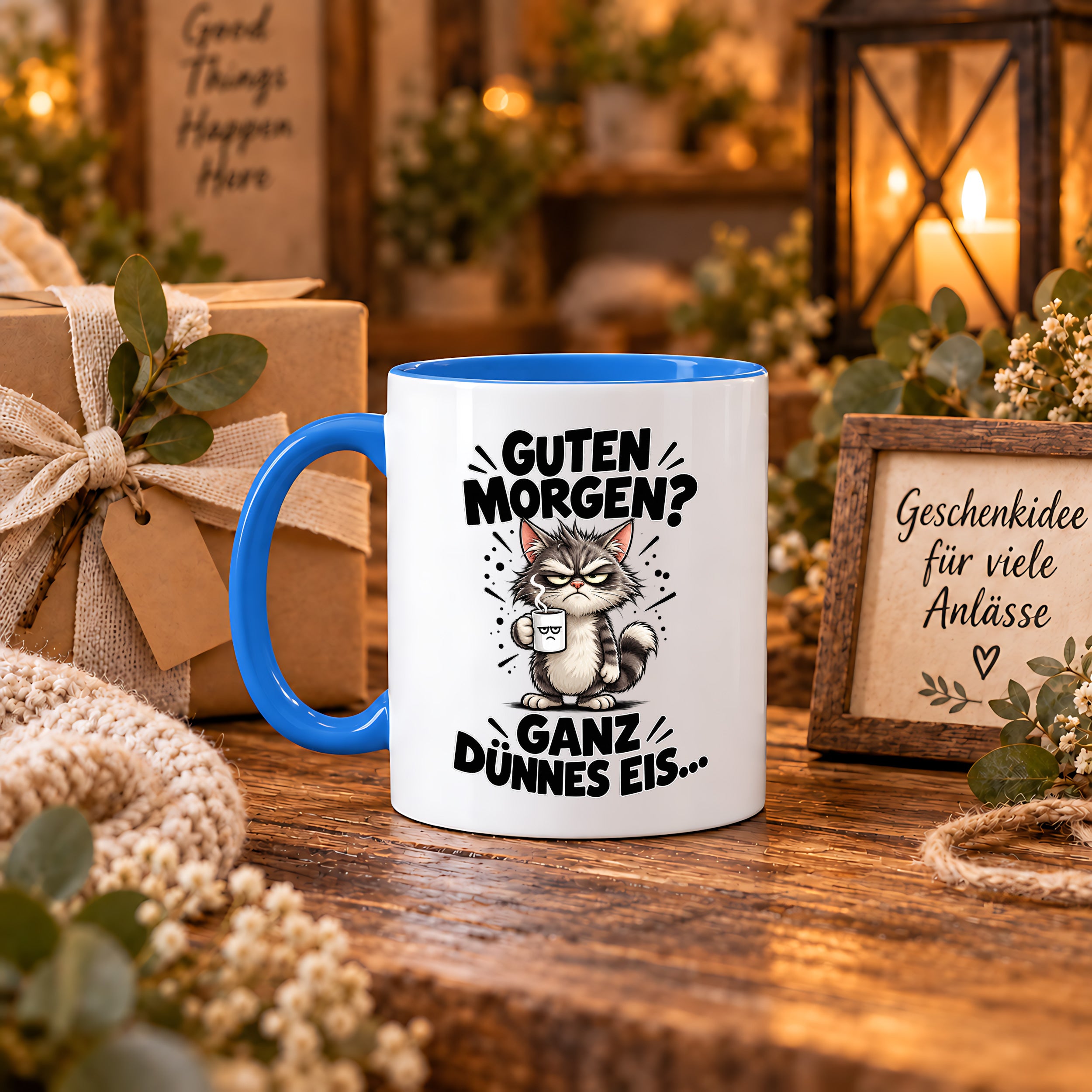 Tasse Guten Morgen Ganz dünnes Eis lustiger Katzen Spruch Morgenmuffel Geschenk Büro Kollegen Geburtstag 330 ml