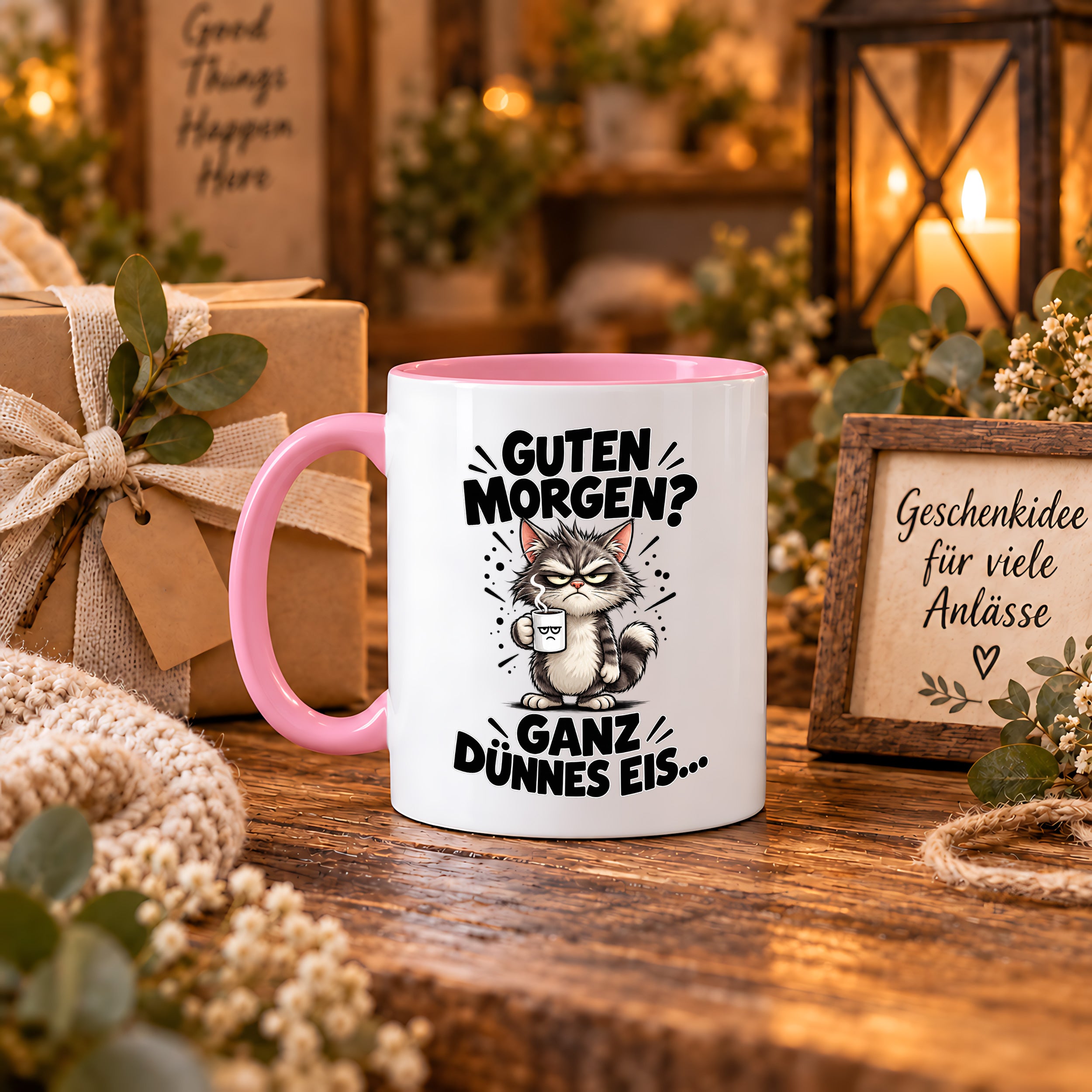 Tasse Guten Morgen Ganz dünnes Eis lustiger Katzen Spruch Morgenmuffel Geschenk Büro Kollegen Geburtstag 330 ml