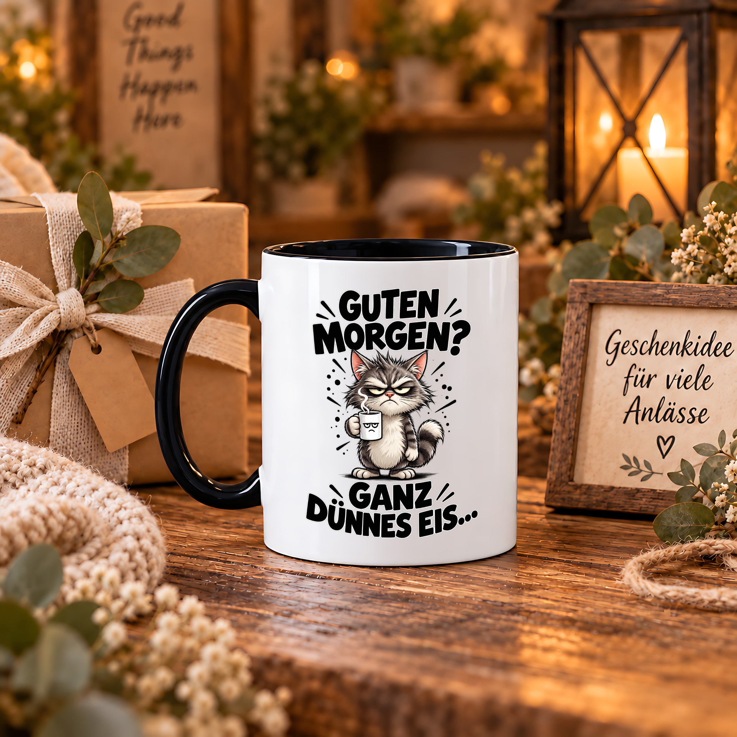 Tasse Guten Morgen Ganz dünnes Eis lustiger Katzen Spruch Morgenmuffel Geschenk Büro Kollegen Geburtstag 330 ml