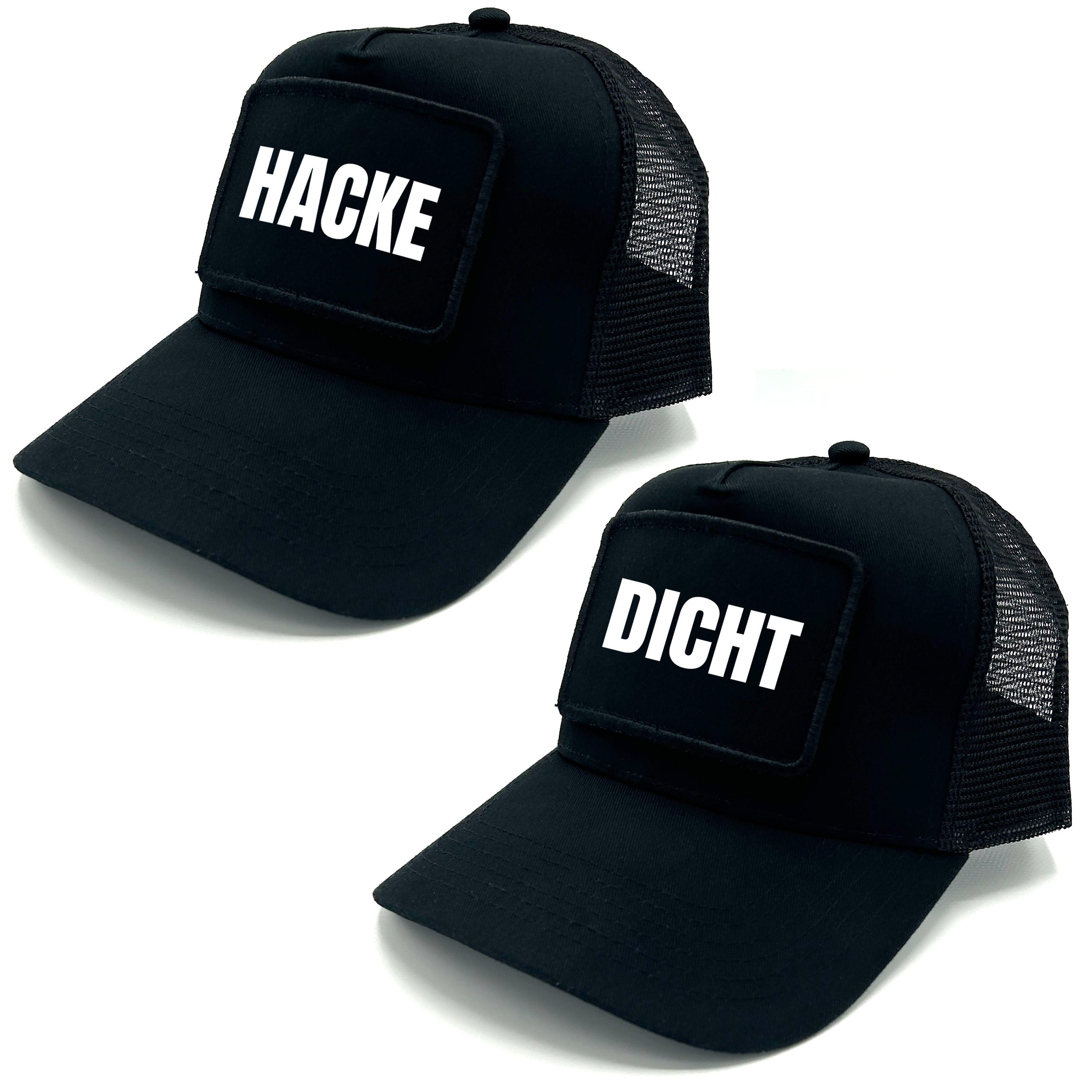 2er Set Mesh Baseball Caps mit Spruch auf Patch | Hacke Dicht | Farbwahl | OneSize durch verstellbaren Klipp-Verschluss