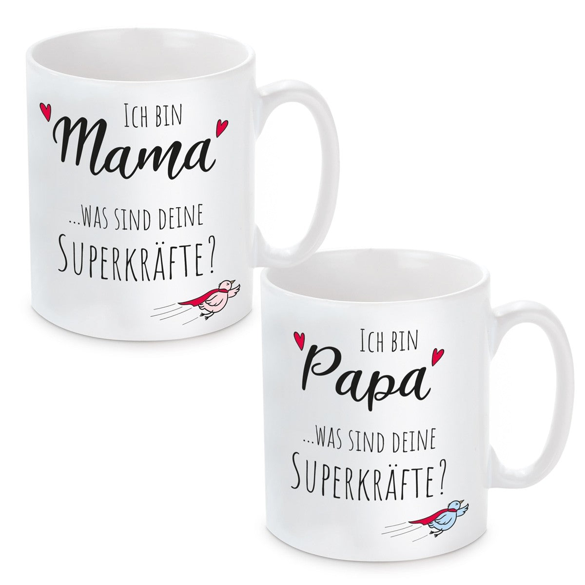 2er Set Tassen mit Motiv - Ich bin Mama...was sind deine Superkräfte? - Ich bin Papa was sind deine Superkräfte?