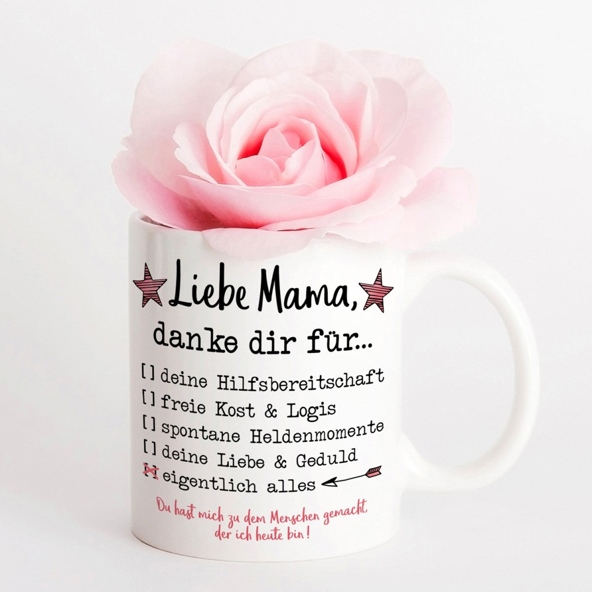 Tasse mit Motiv - Liebe Mama, danke dir für...deine Hilfsbereitschaft-freie Kost & Logis-spontane Heldenmomente