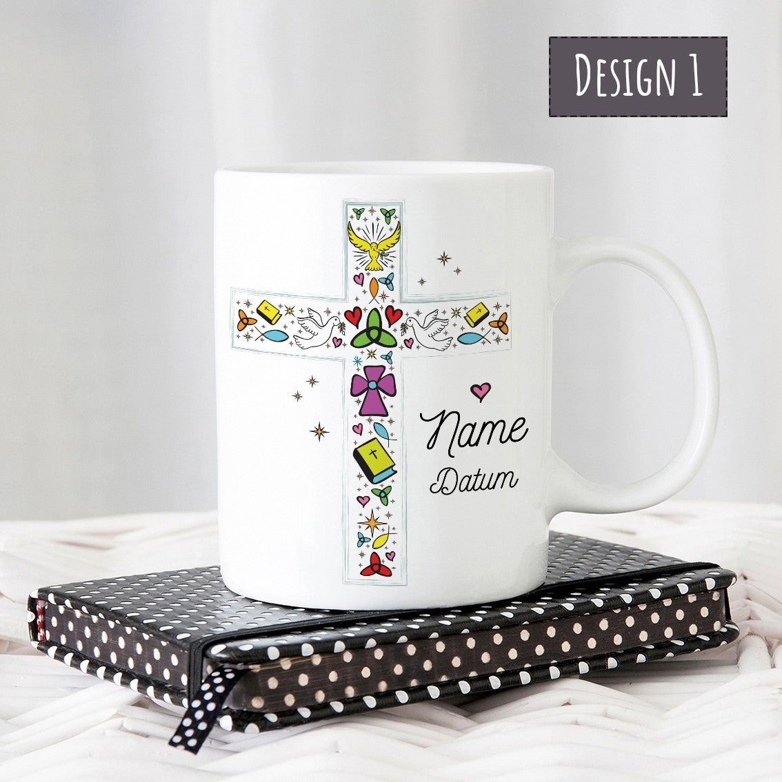 personalisierte Tasse  - Kreuz Taufe-Kommunion-Konfirmation "Wunschname und Wunschdatum"