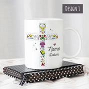 personalisierte Tasse  - Kreuz Taufe-Kommunion-Konfirmation "Wunschname und Wunschdatum"