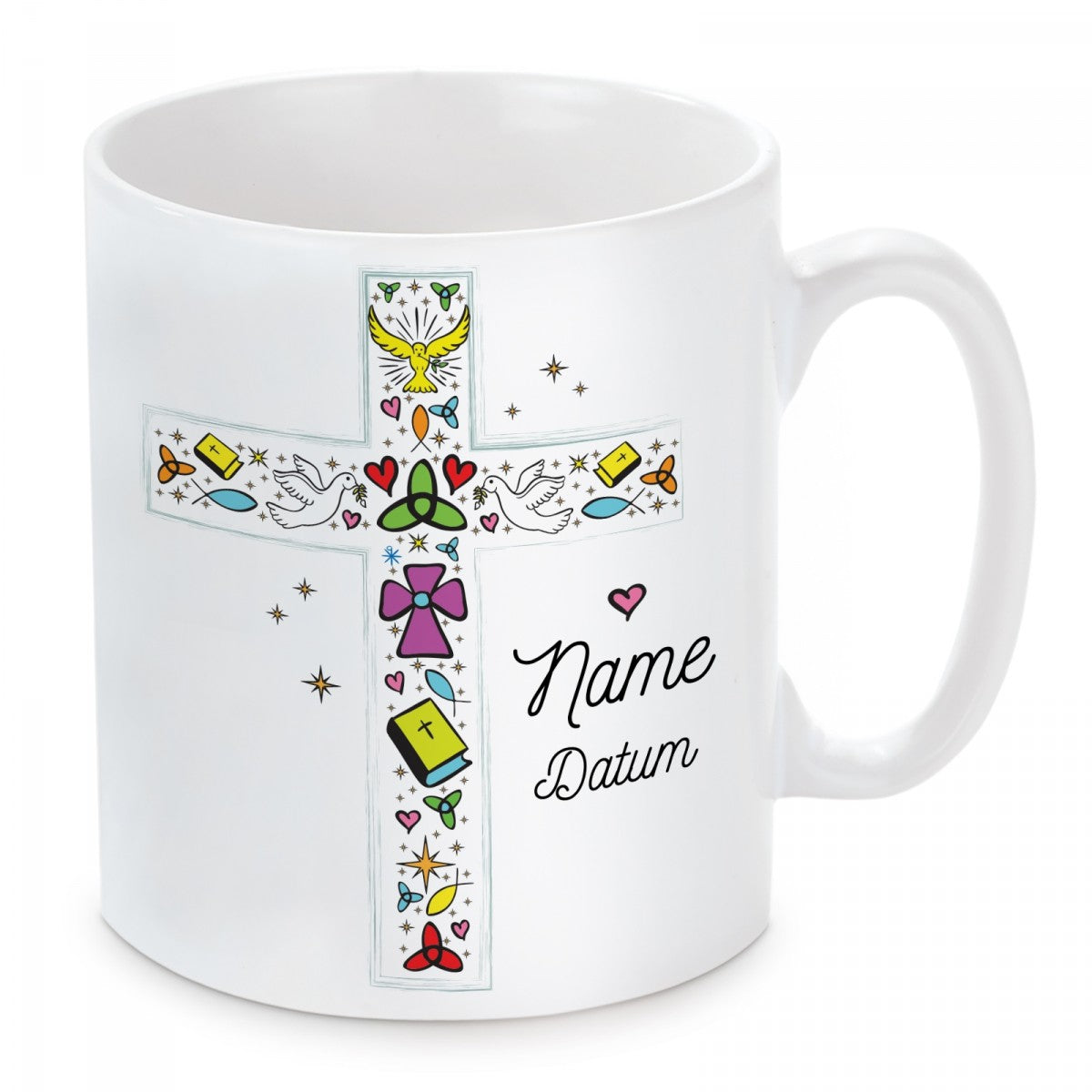 personalisierte Tasse  - Kreuz Taufe-Kommunion-Konfirmation "Wunschname und Wunschdatum"