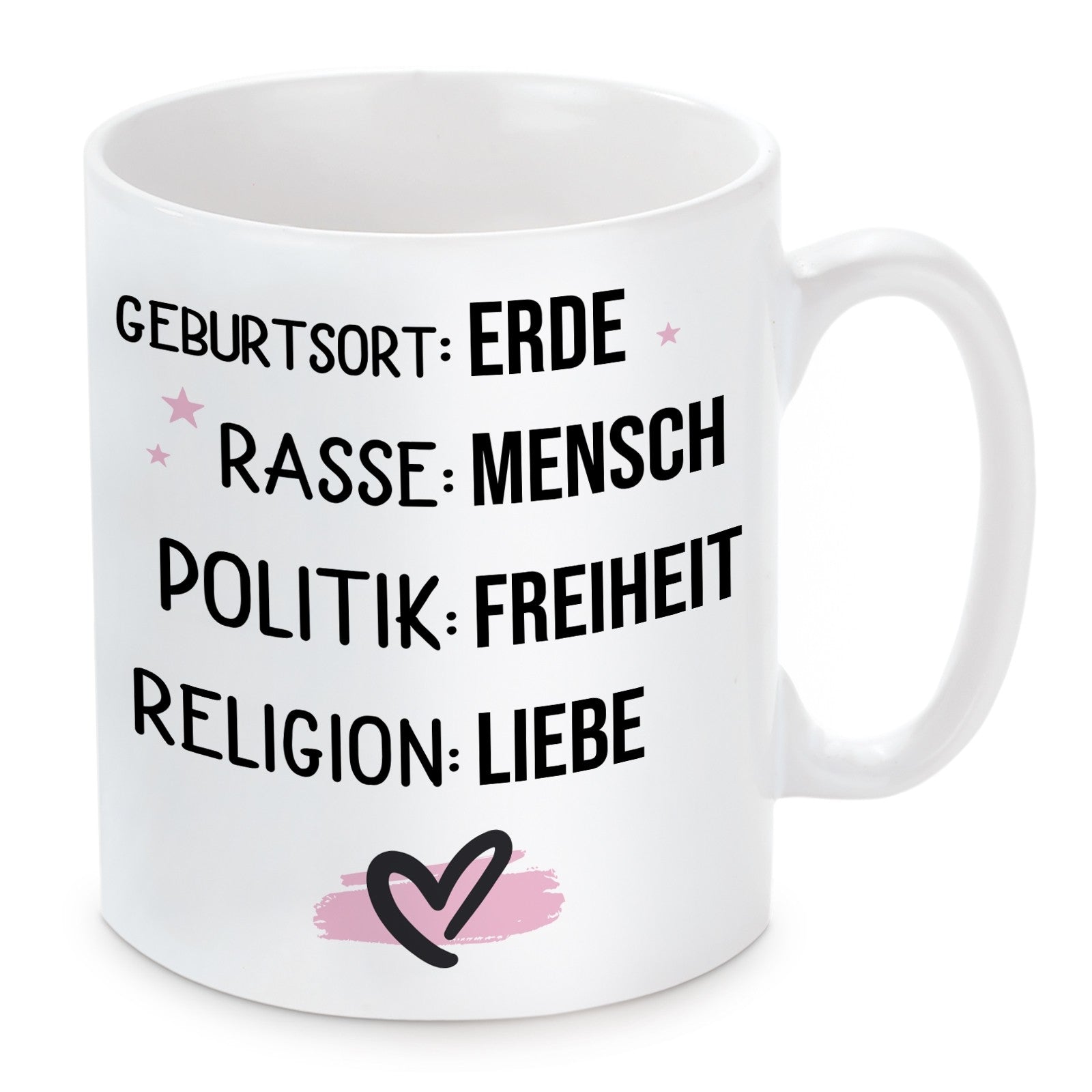 Tasse mit Motiv - Geburtsort: Erde, Rasse: Mensch, Politik: Freiheit, Religion: Liebe
