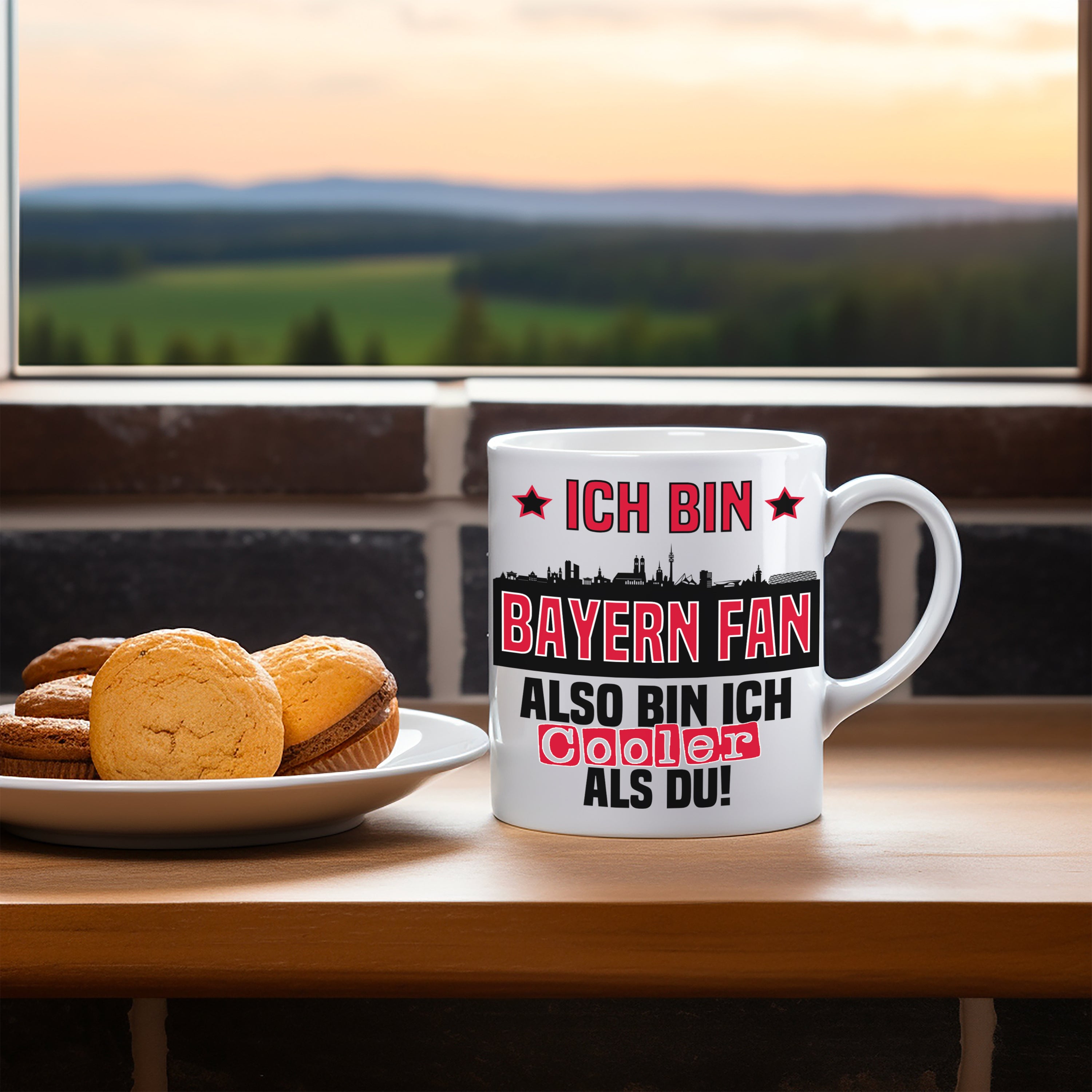 Tasse mit Motiv - Ich bin Bayern Fan also bin ich cooler als du! | Fußball Keramiktasse für Bayern München Fan | Skyline deiner Stadt