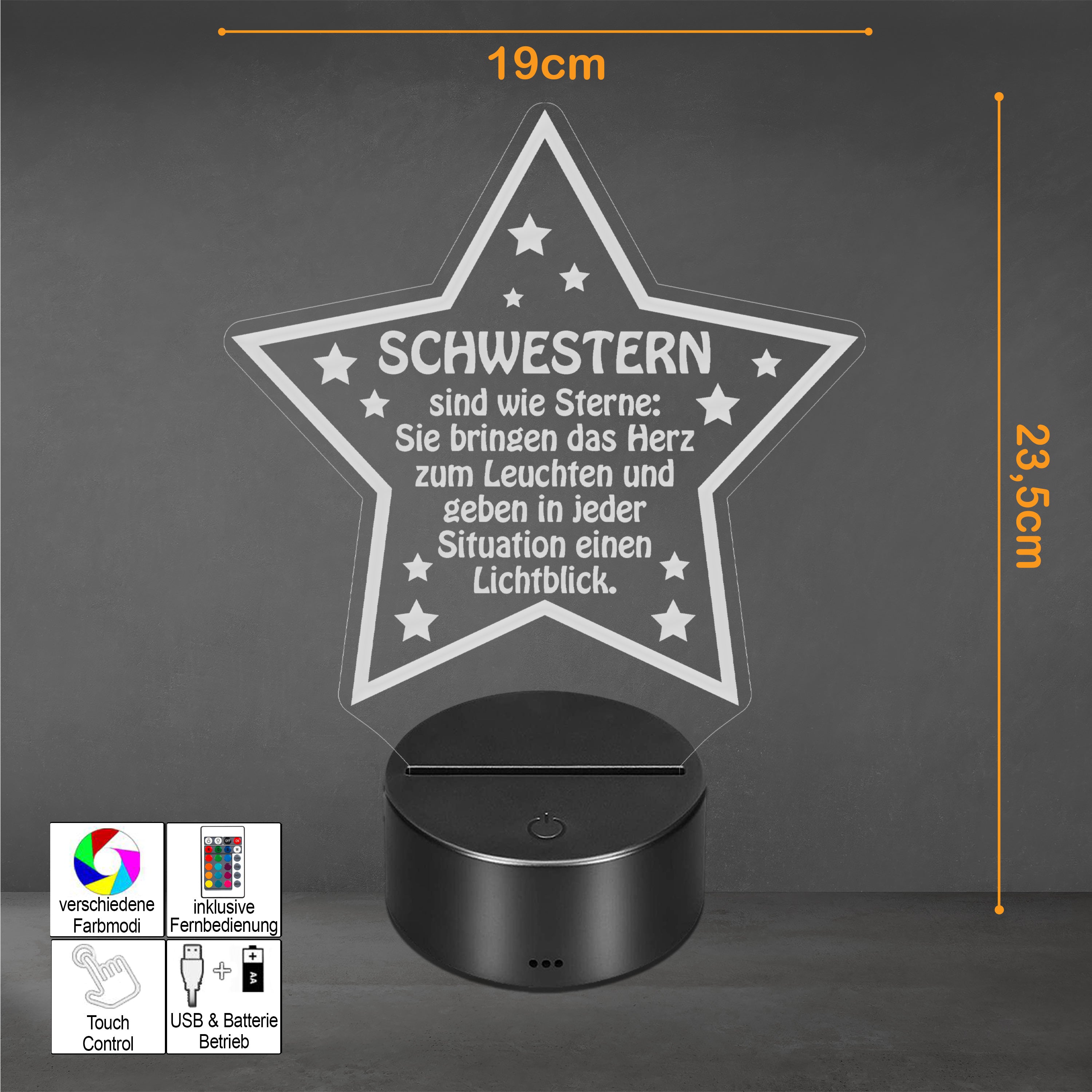 LED Acryl Nachtlicht | Schwestern sind wie Sterne: Sie bringen das Herz zum Leuchten und geben in jeder Situation einen Lichtblick. | Acryl Lampe - Dekolampe | Farbwechsel & Fernbedienung