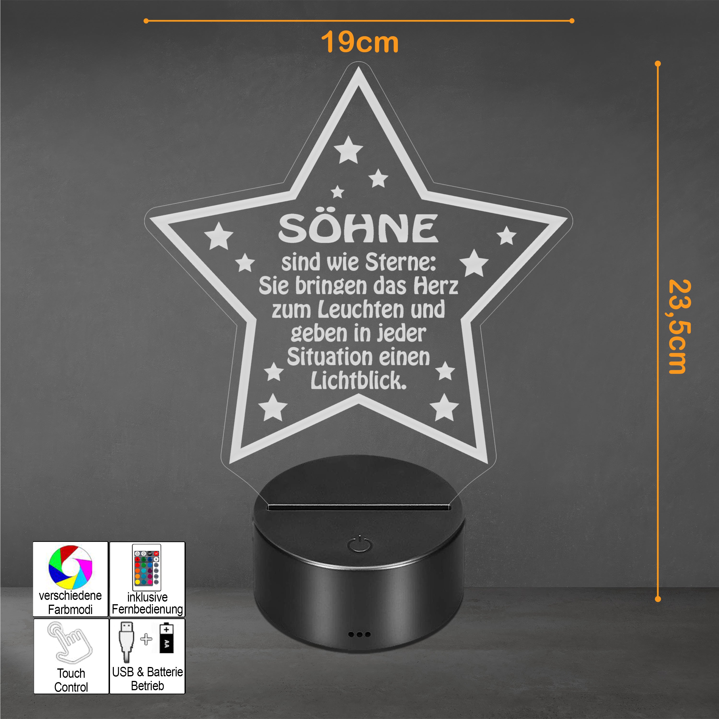 LED Acryl Nachtlicht | Söhne sind wie Sterne: Sie bringen das Herz zum Leuchten und geben in jeder Situation einen Lichtblick. | Acryl Lampe - Dekolampe | Farbwechsel & Fernbedienung